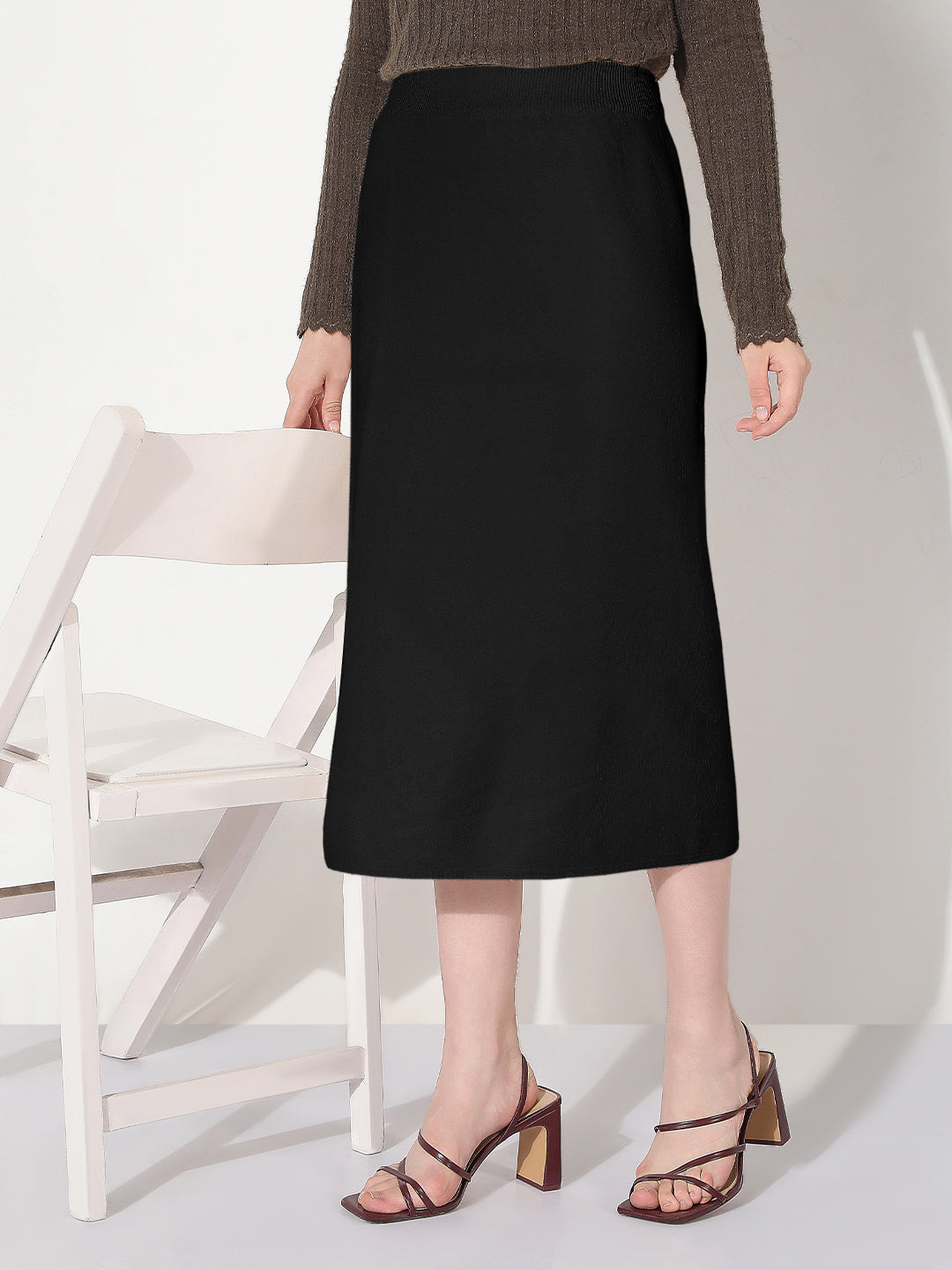 Women's Black Straight Midi Skirt with Back Slit