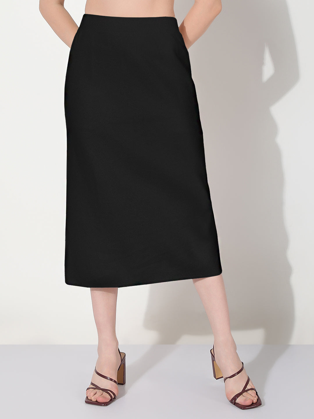 Women's Black Straight Midi Skirt with Back Slit