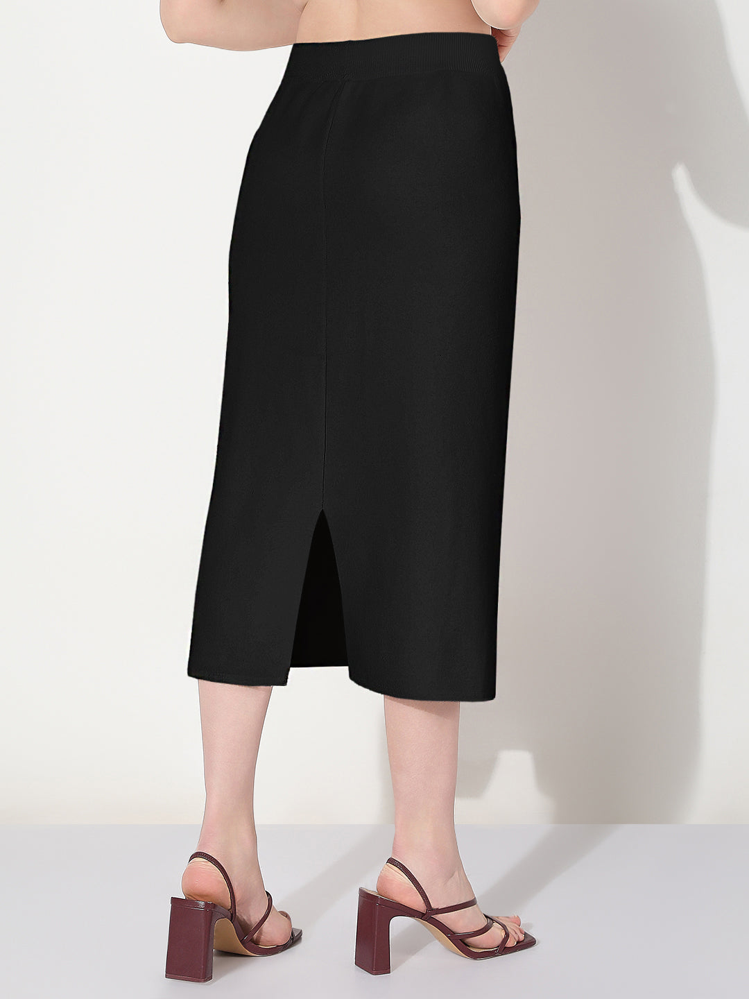 Women's Black Straight Midi Skirt with Back Slit