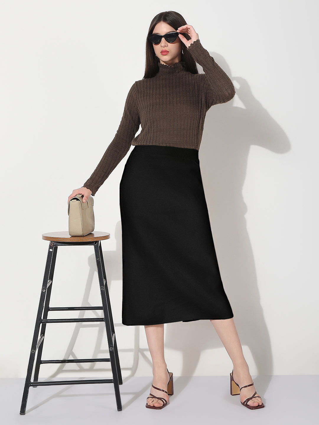 Women's Black Straight Midi Skirt with Back Slit