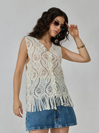 Women's Cream Crochet Sleeveless Fringe Hem Button-Front Top