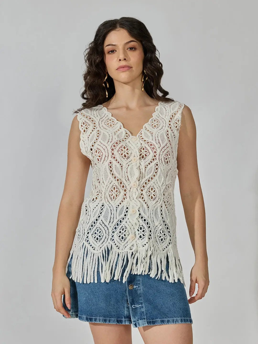 Women's Cream Crochet Sleeveless Fringe Hem Button-Front Top