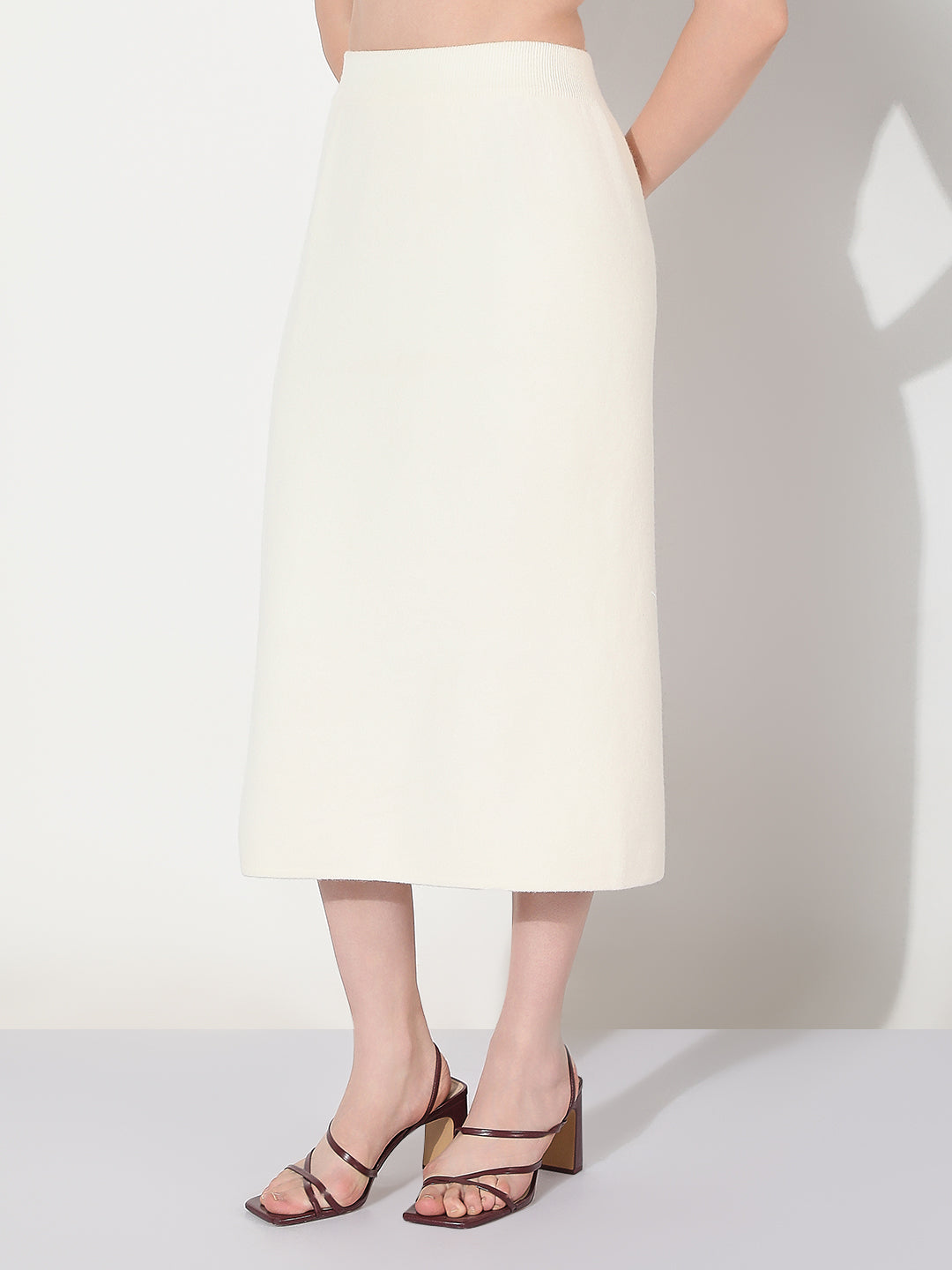 Women's White Straight Midi Skirt with Back Slit