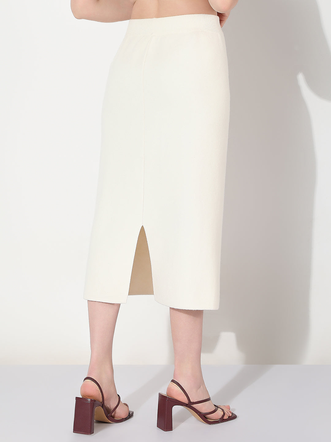 Women's White Straight Midi Skirt with Back Slit