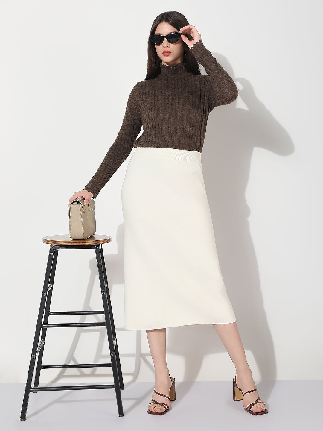 Women's White Straight Midi Skirt with Back Slit