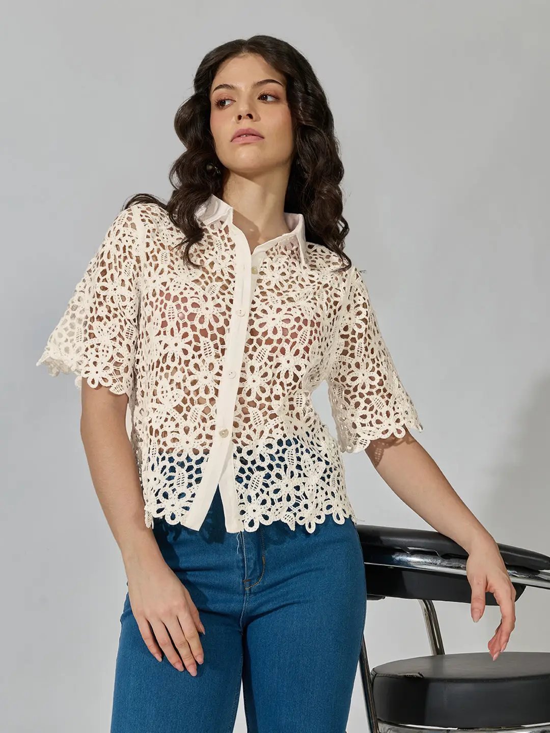 Women's Floral Cream Crochet Shirt with Contrast Collar - from SHOWOFFFF