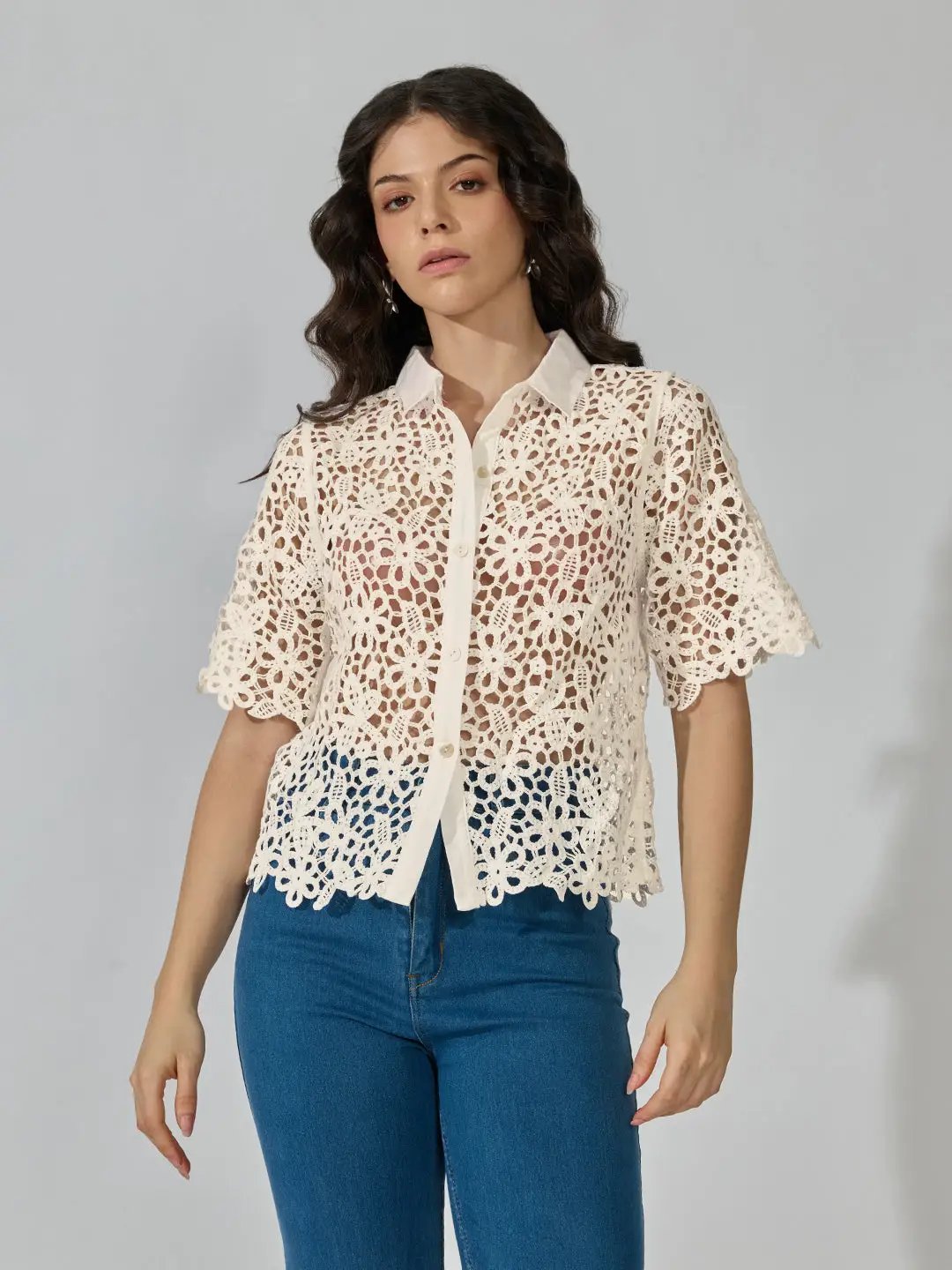 Women's Floral Cream Crochet Shirt with Contrast Collar - from SHOWOFFFF