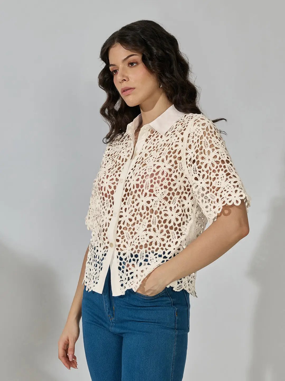 Women's Floral Cream Crochet Shirt with Contrast Collar - from SHOWOFFFF