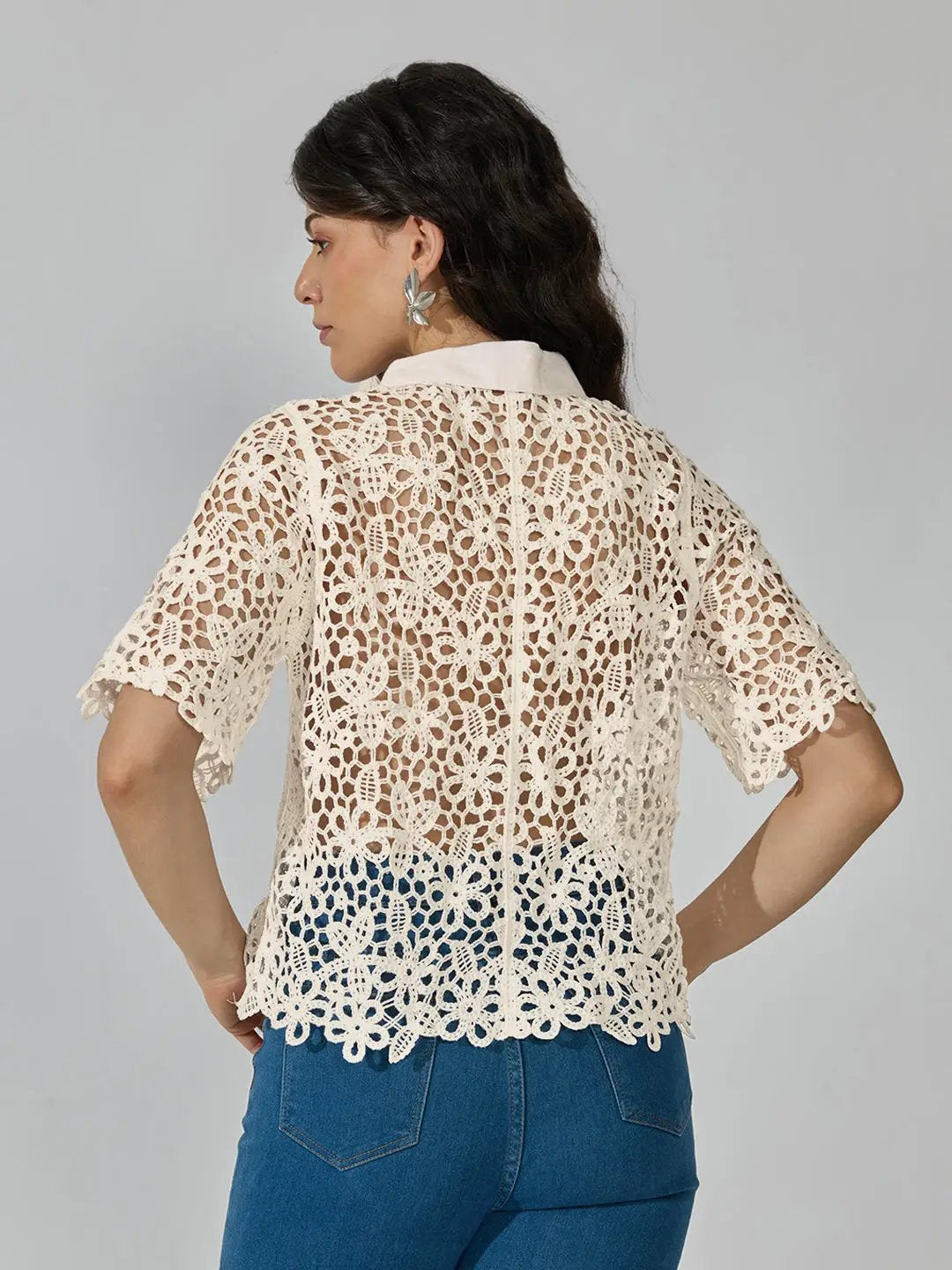 Women's Floral Cream Crochet Shirt with Contrast Collar - from SHOWOFFFF