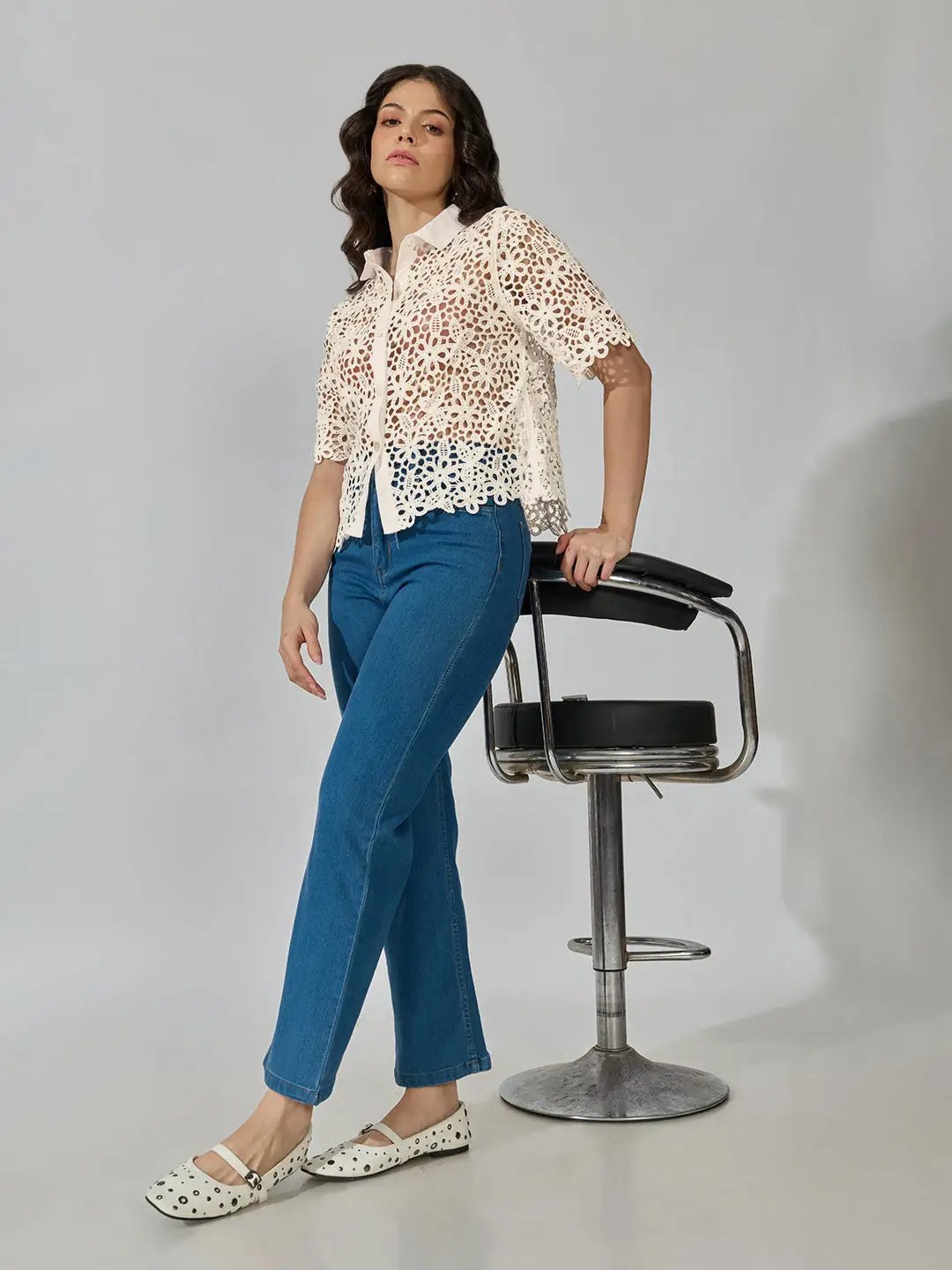 Women's Floral Cream Crochet Shirt with Contrast Collar - from SHOWOFFFF
