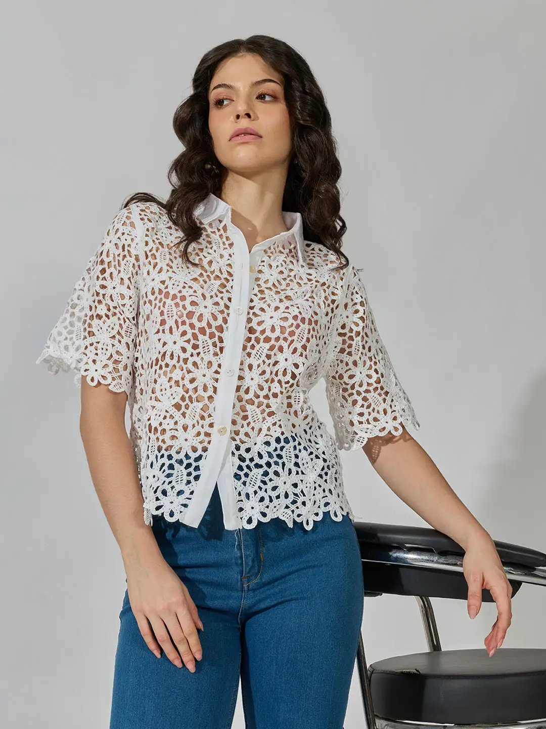 Women's Floral White Crochet Shirt with Contrast Collar