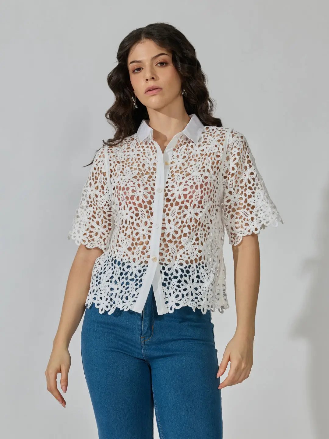 Women's Floral White Crochet Shirt with Contrast Collar