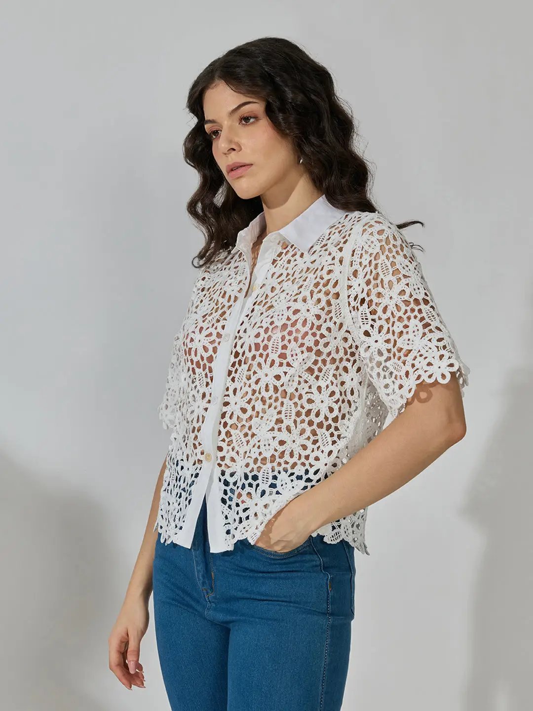 Women's Floral White Crochet Shirt with Contrast Collar