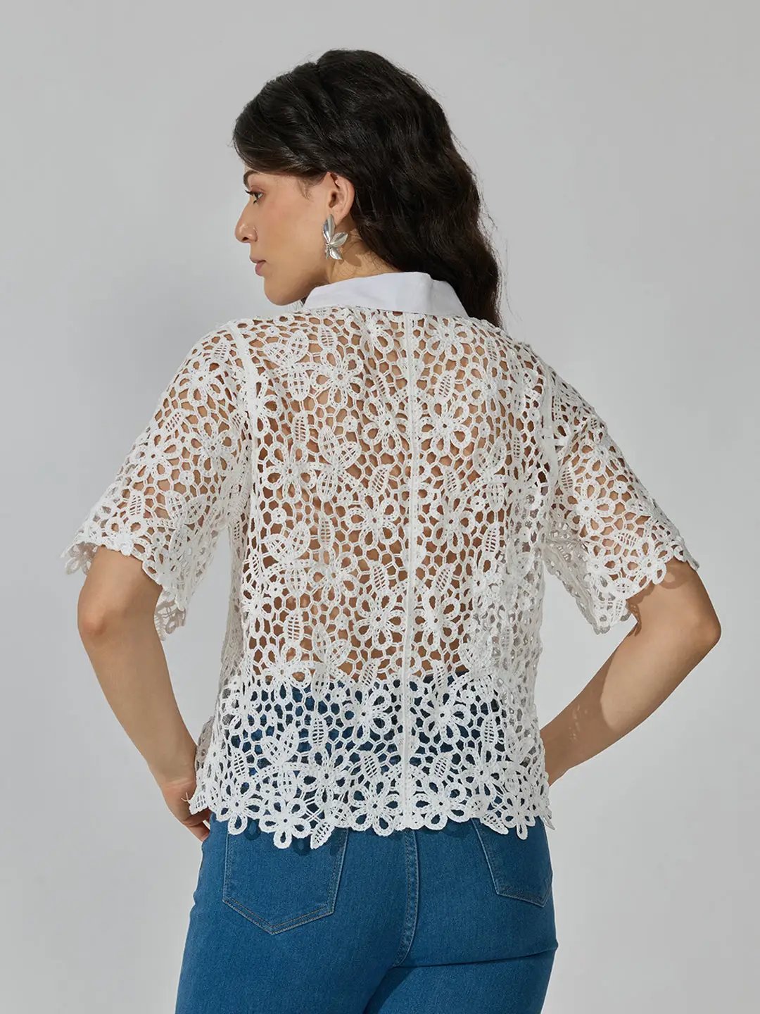 Women's Floral White Crochet Shirt with Contrast Collar