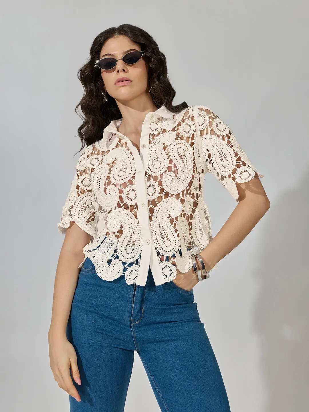 Women's Paisley Crochet Cream Short Sleeve Shirt - from SHOWOFFFF