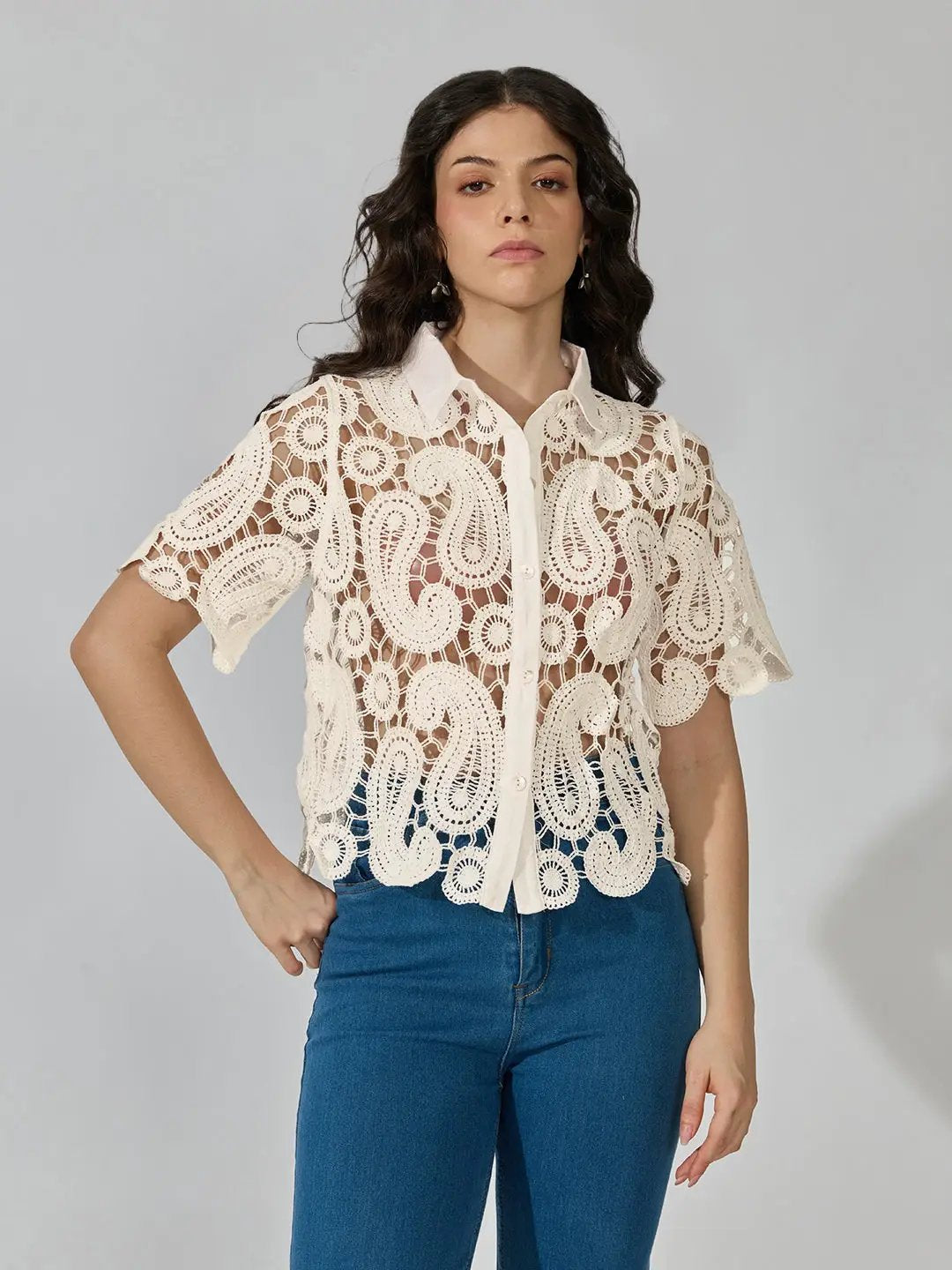 Women's Paisley Crochet Cream Short Sleeve Shirt - from SHOWOFFFF
