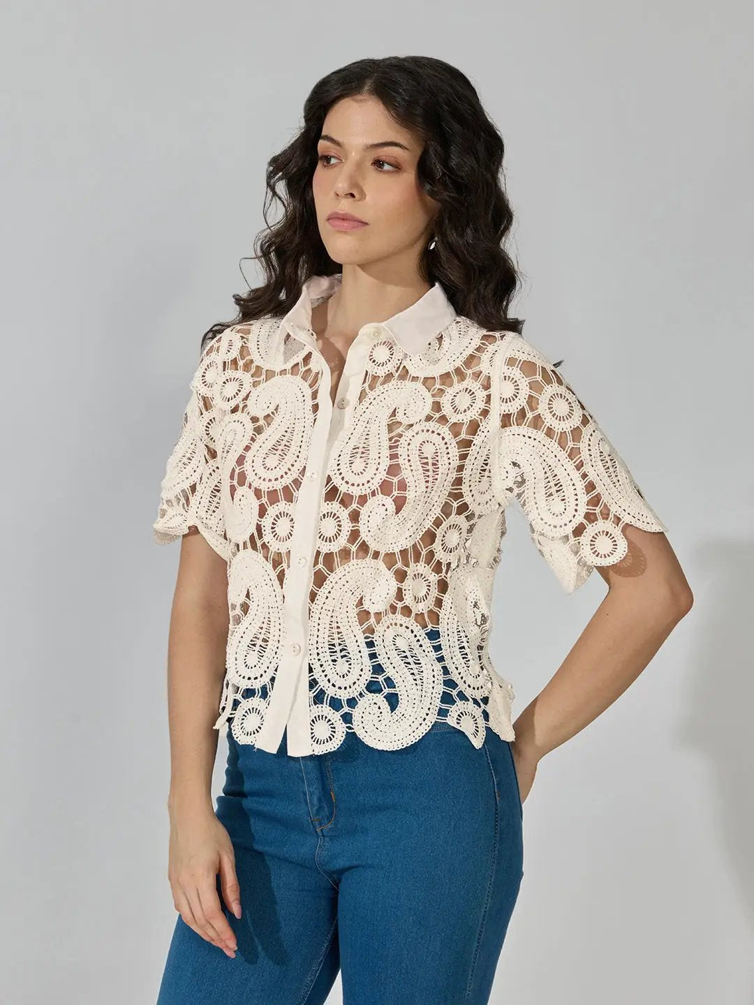 Women's Paisley Crochet Cream Short Sleeve Shirt - from SHOWOFFFF