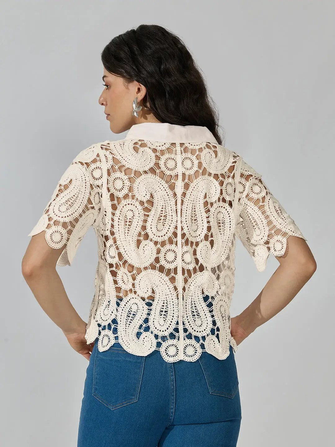 Women's Paisley Crochet Cream Short Sleeve Shirt - from SHOWOFFFF