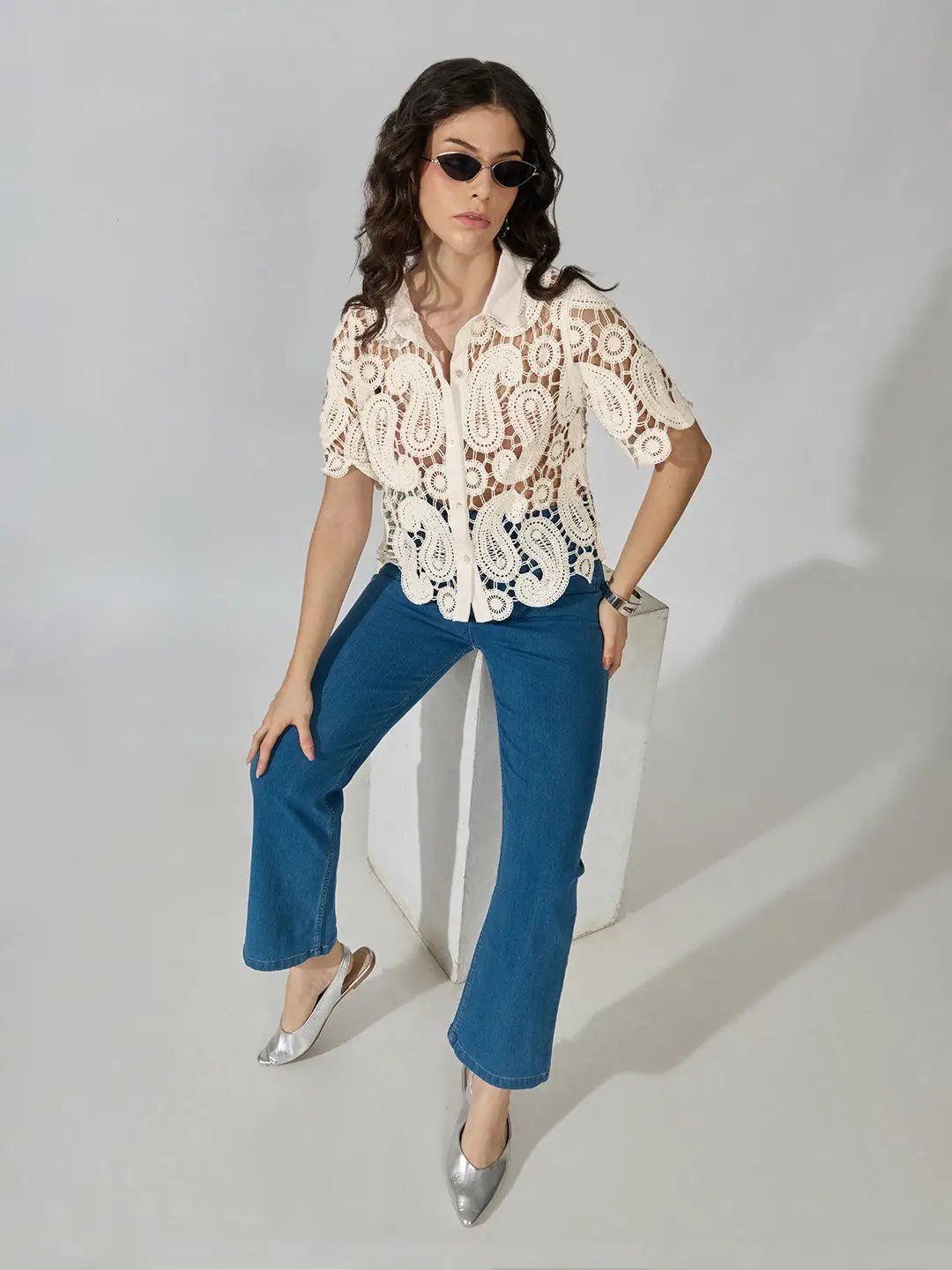 Women's Paisley Crochet Cream Short Sleeve Shirt - from SHOWOFFFF
