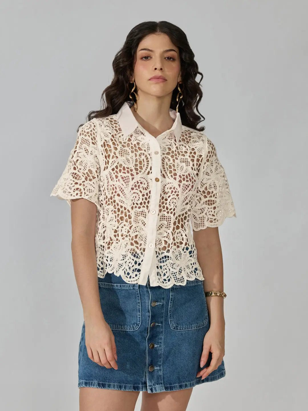 Women's Floral Crochet Cream Collared Short Sleeve Shirt - from SHOWOFFFF