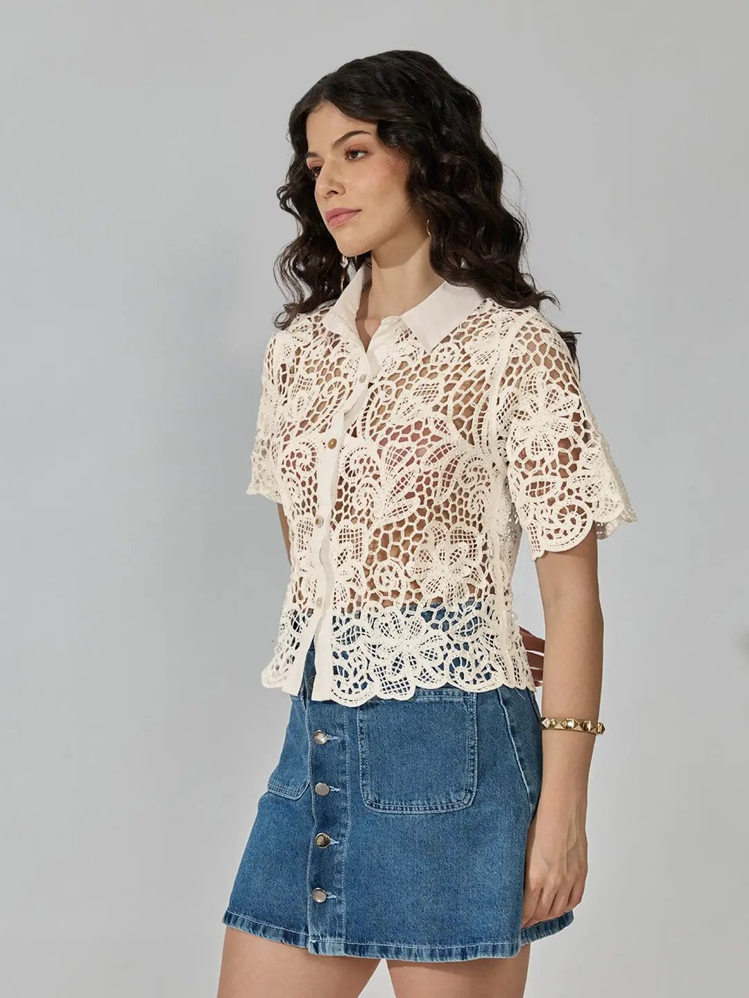 Women's Floral Crochet Cream Collared Short Sleeve Shirt - from SHOWOFFFF