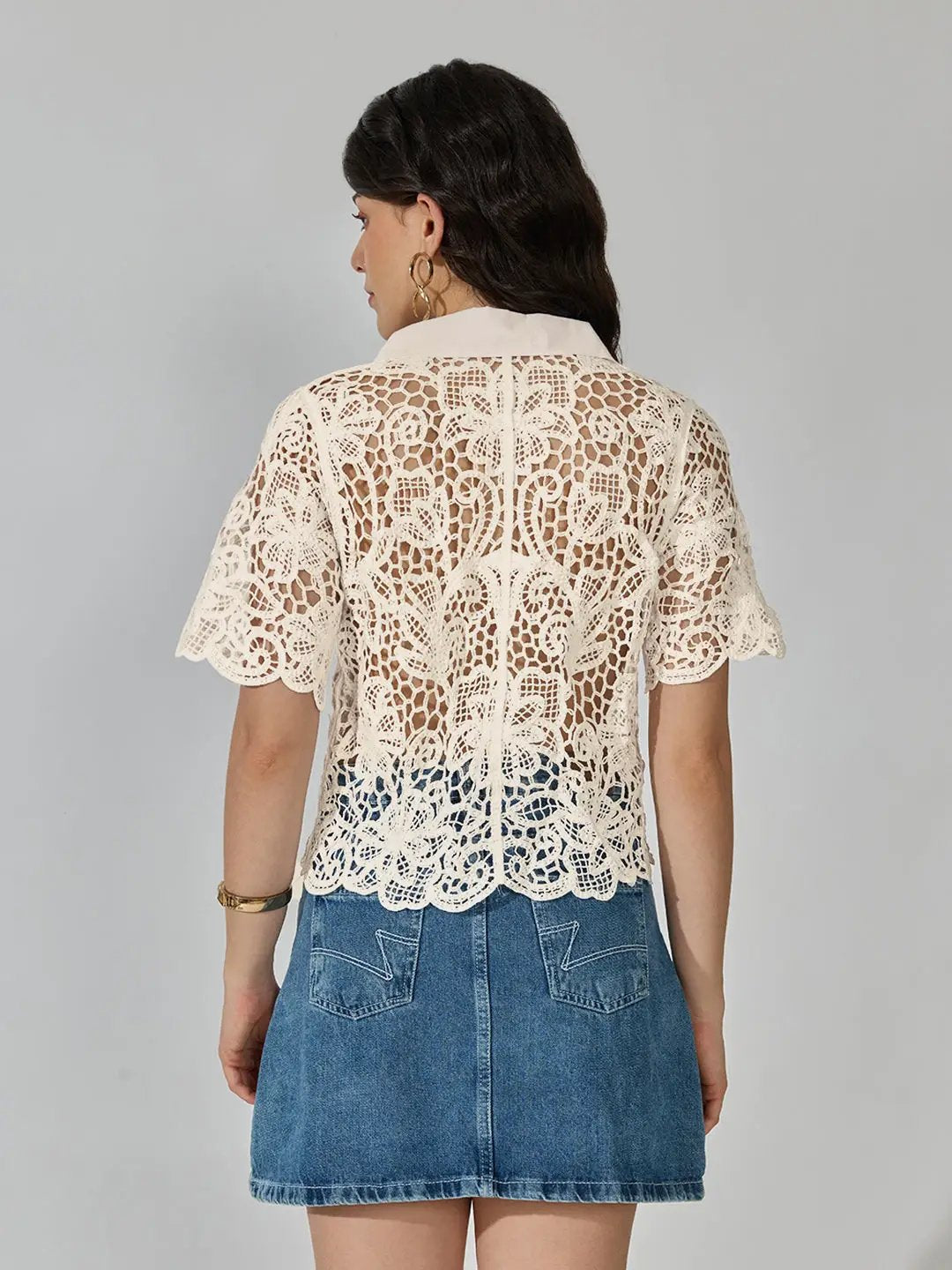 Women's Floral Crochet Cream Collared Short Sleeve Shirt - from SHOWOFFFF