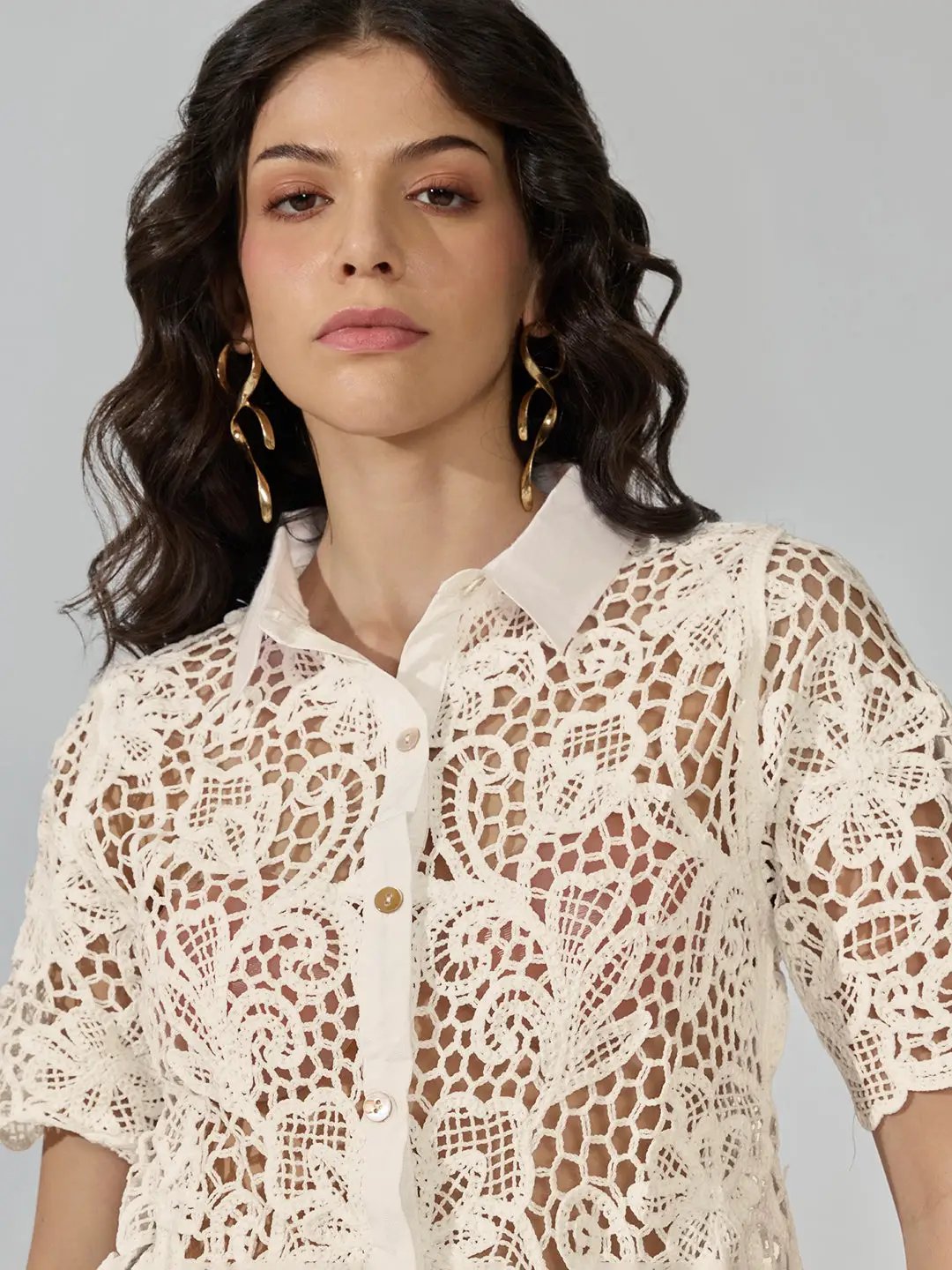 Women's Floral Crochet Cream Collared Short Sleeve Shirt - from SHOWOFFFF