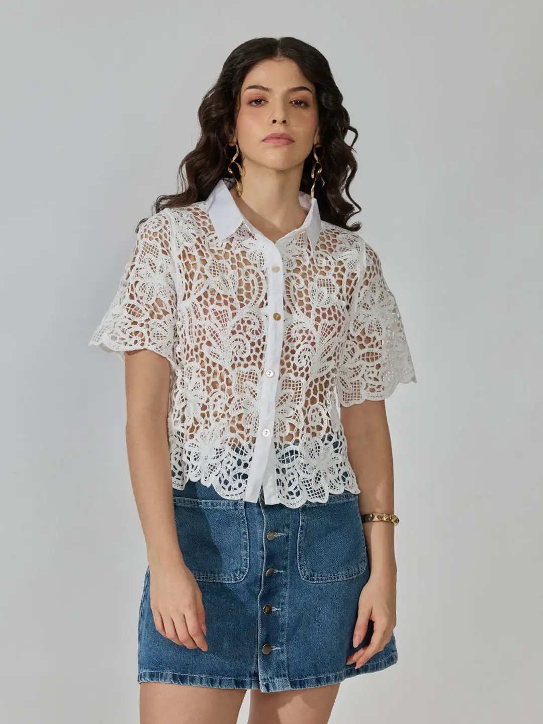 Women's Floral Crochet White Collared Short Sleeve Shirt