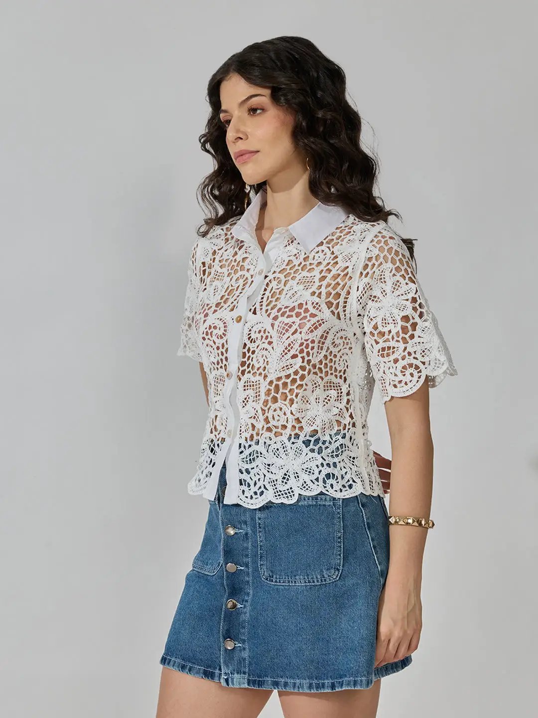Women's Floral Crochet White Collared Short Sleeve Shirt