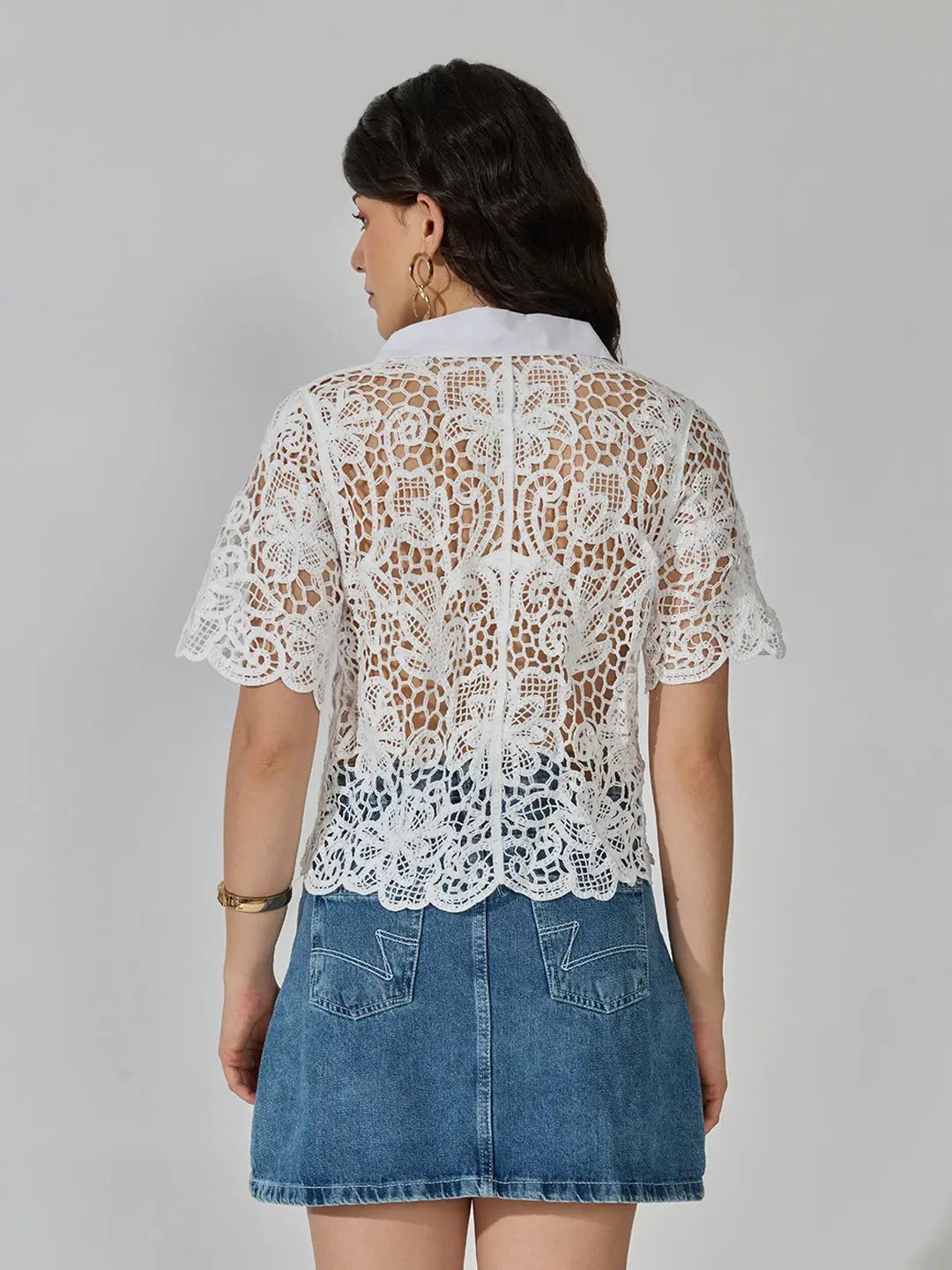 Women's Floral Crochet White Collared Short Sleeve Shirt