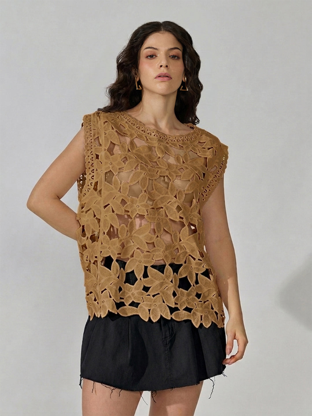 Women's Brown Floral Crochet Cut Out Top