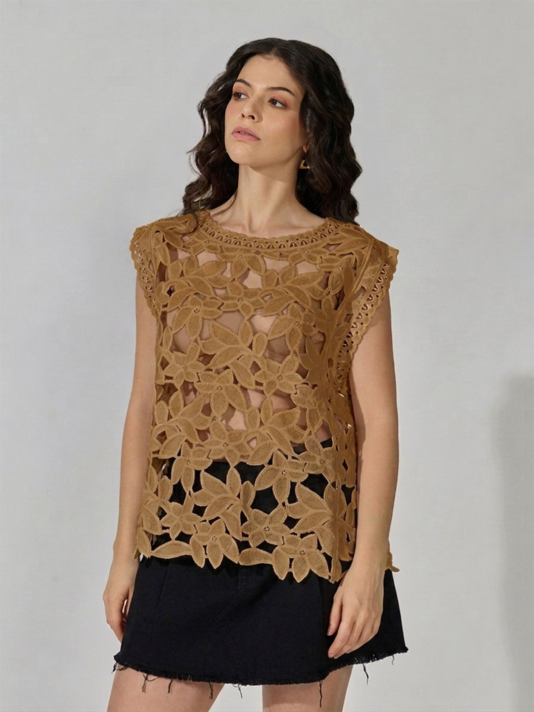 Women's Brown Floral Crochet Cut Out Top