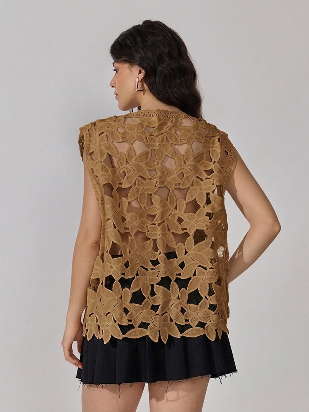 Women's Brown Floral Crochet Cut Out Top