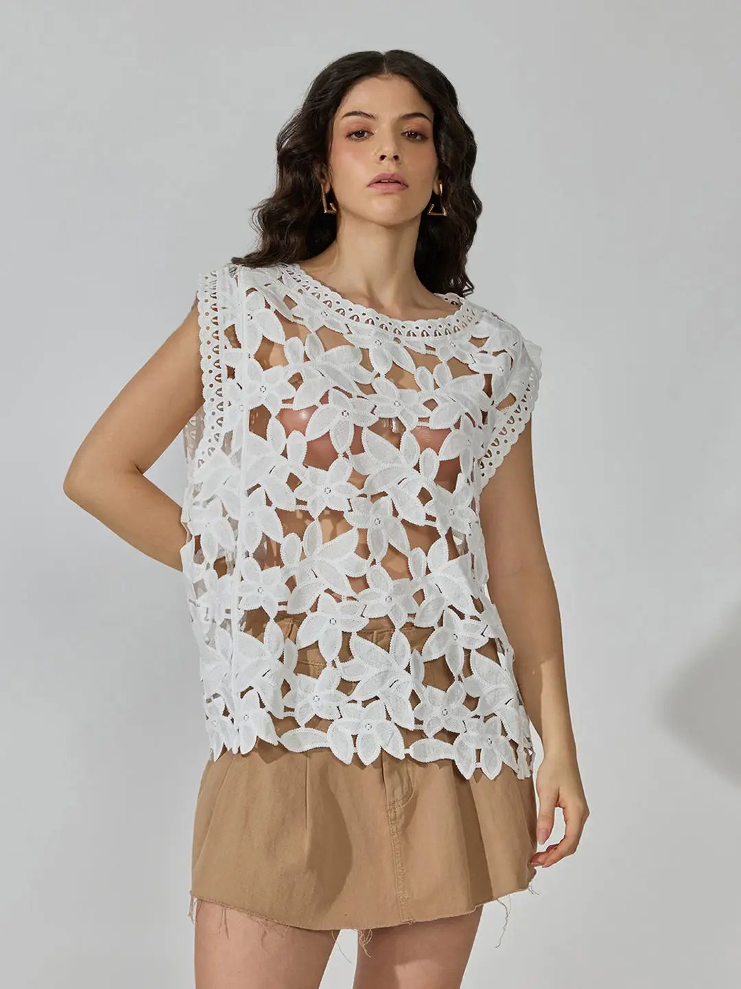 Women's White Floral Crochet Cut Out Top