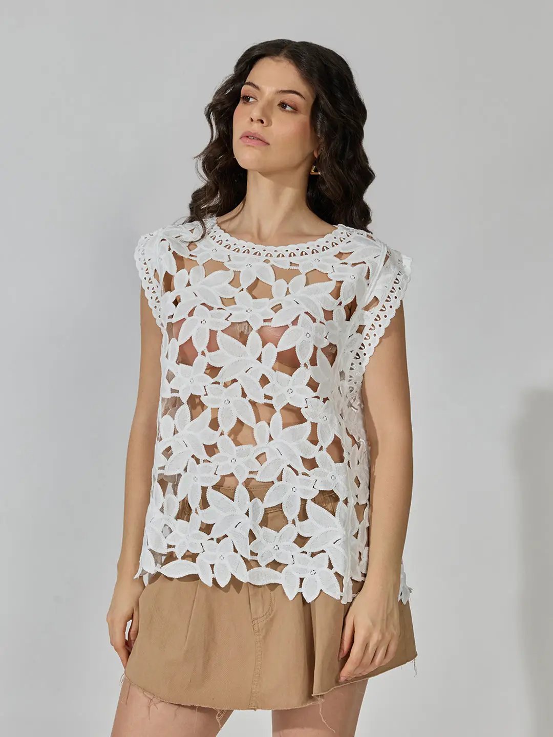 Women's White Floral Crochet Cut Out Top