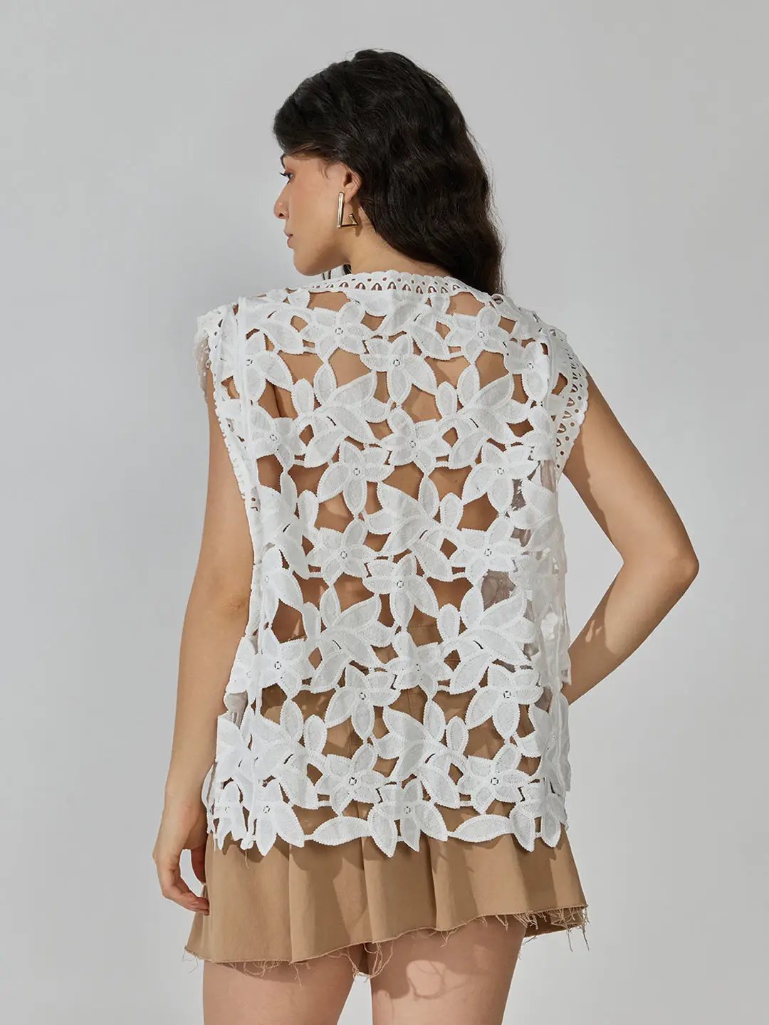 Women's White Floral Crochet Cut Out Top