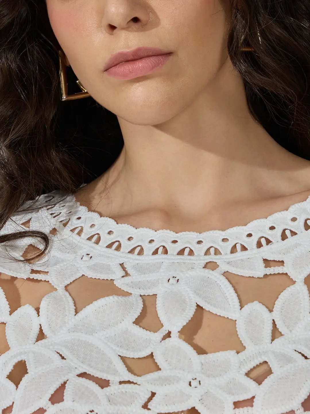 Women's White Floral Crochet Cut Out Top