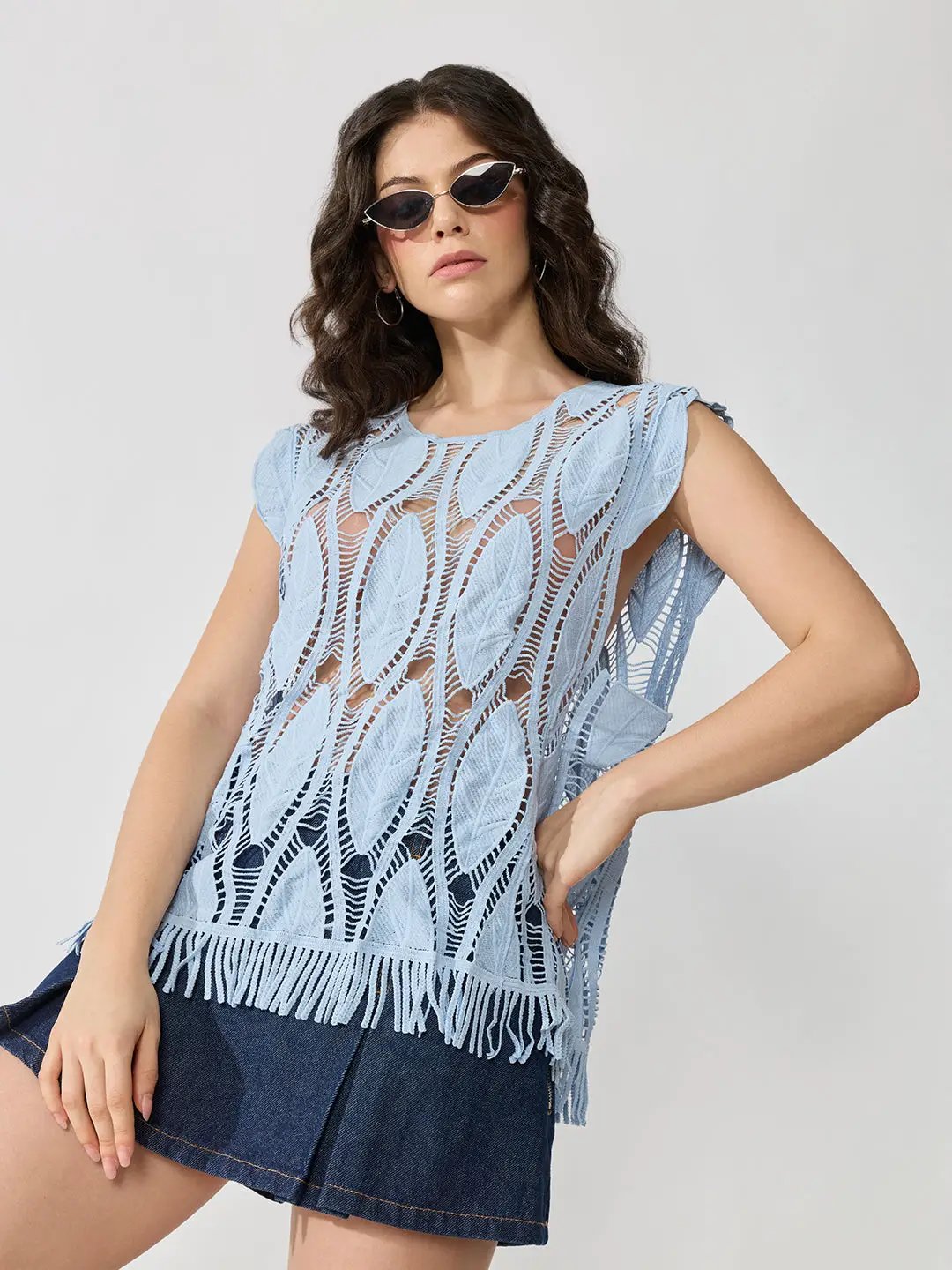 Women's Blue Crochet Fringe Hem Cut-Out Top