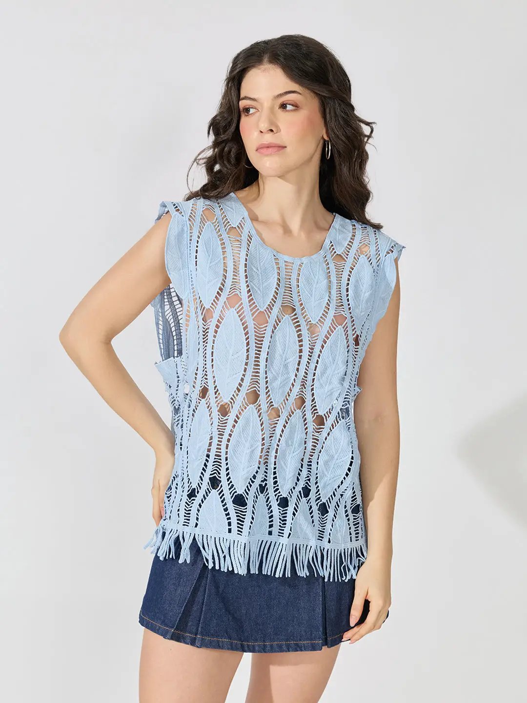 Women's Blue Crochet Fringe Hem Cut-Out Top