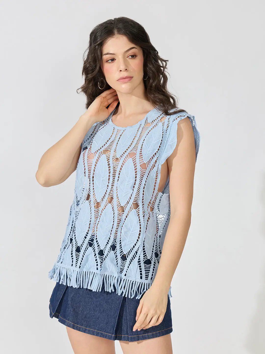 Women's Blue Crochet Fringe Hem Cut-Out Top