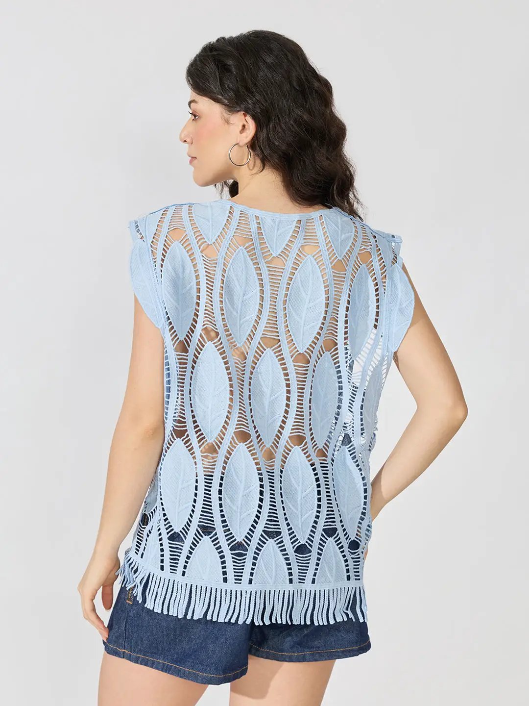 Women's Blue Crochet Fringe Hem Cut-Out Top