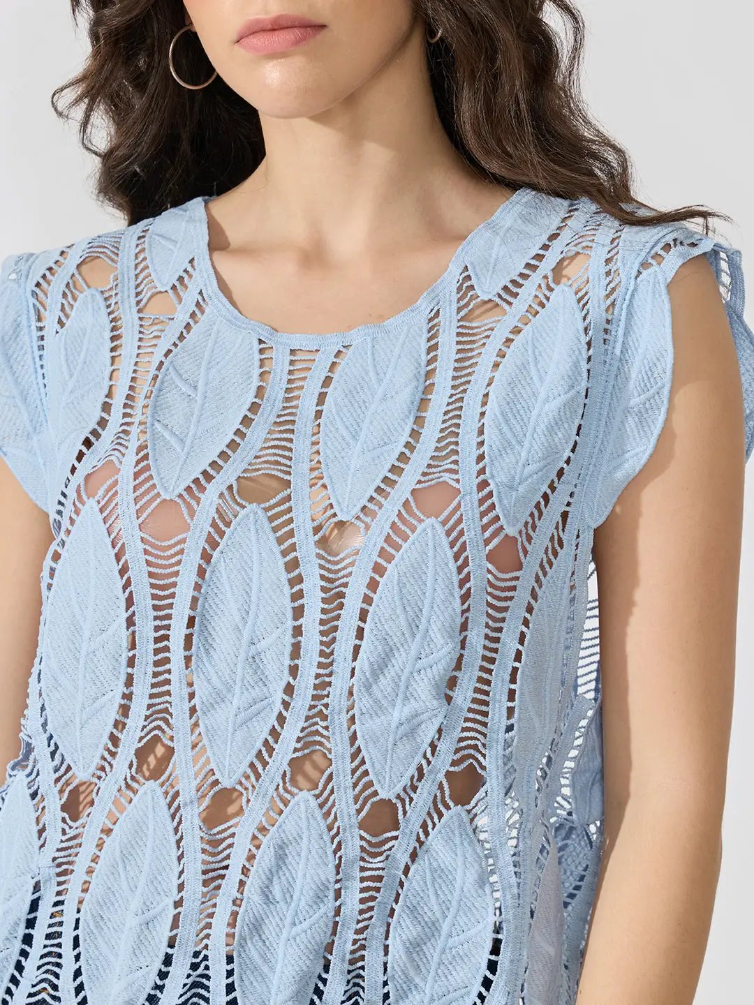 Women's Blue Crochet Fringe Hem Cut-Out Top