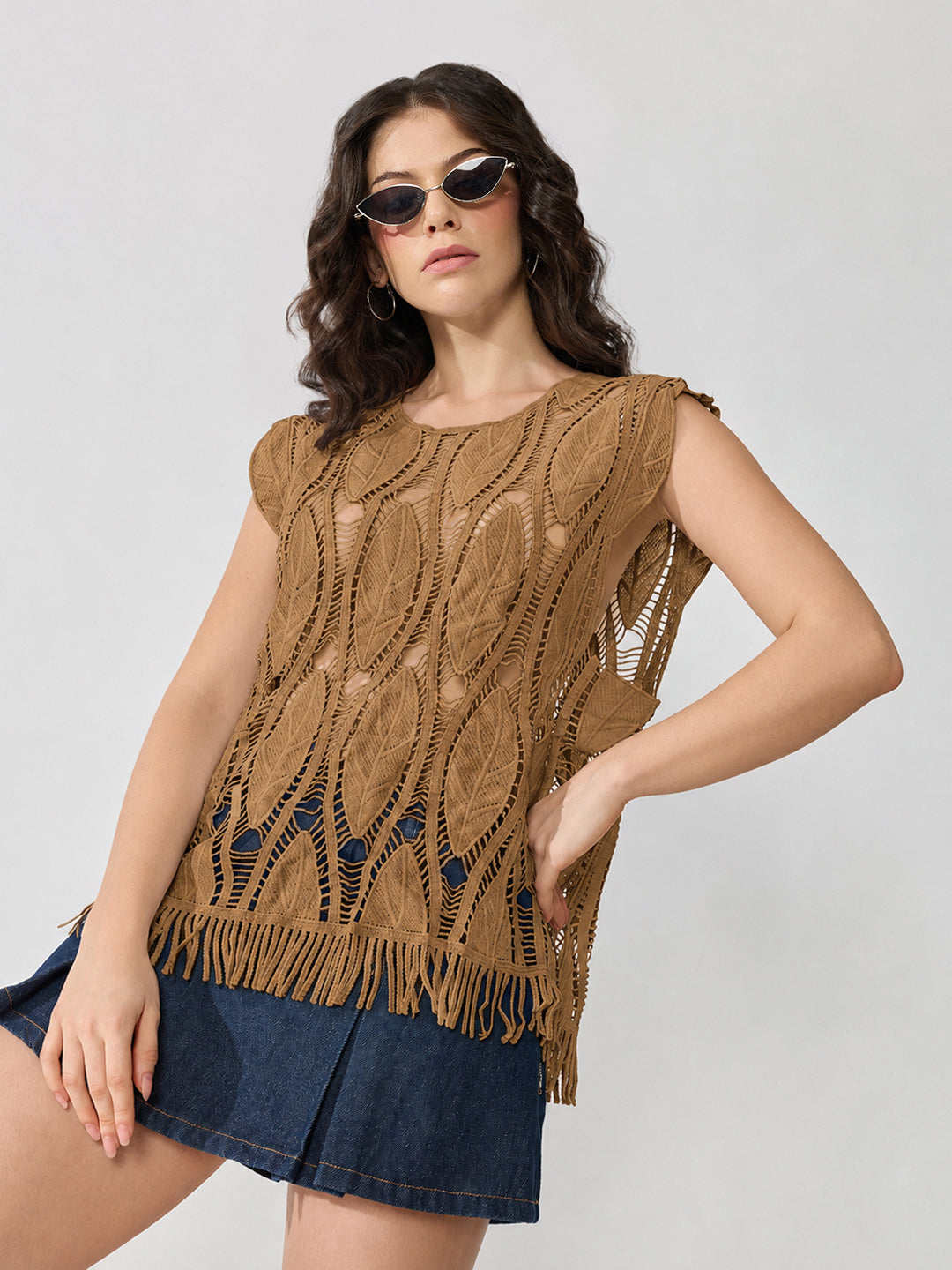 Women's Brown Crochet Fringe Hem Cut-Out Top