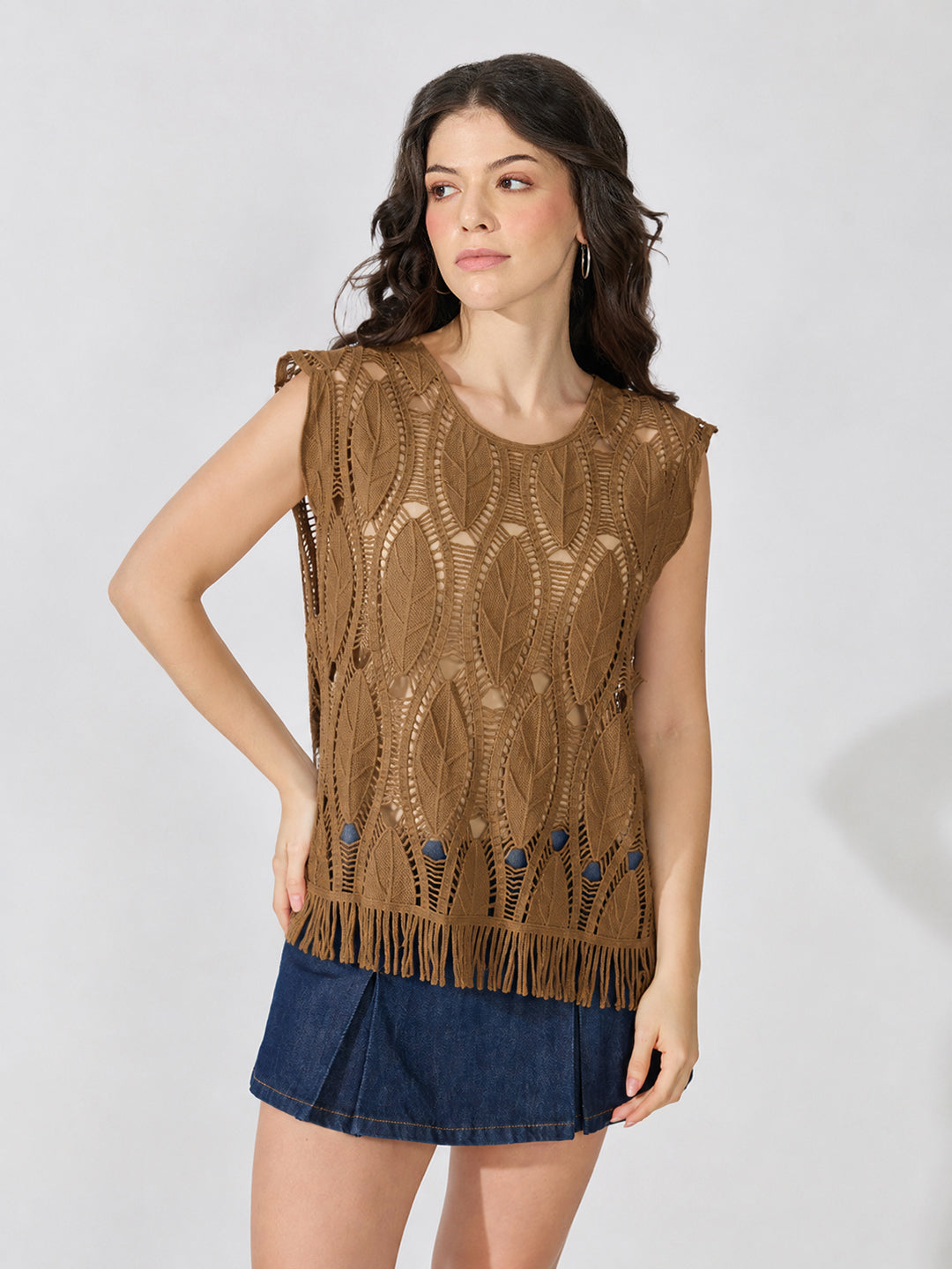 Women's Brown Crochet Fringe Hem Cut-Out Top