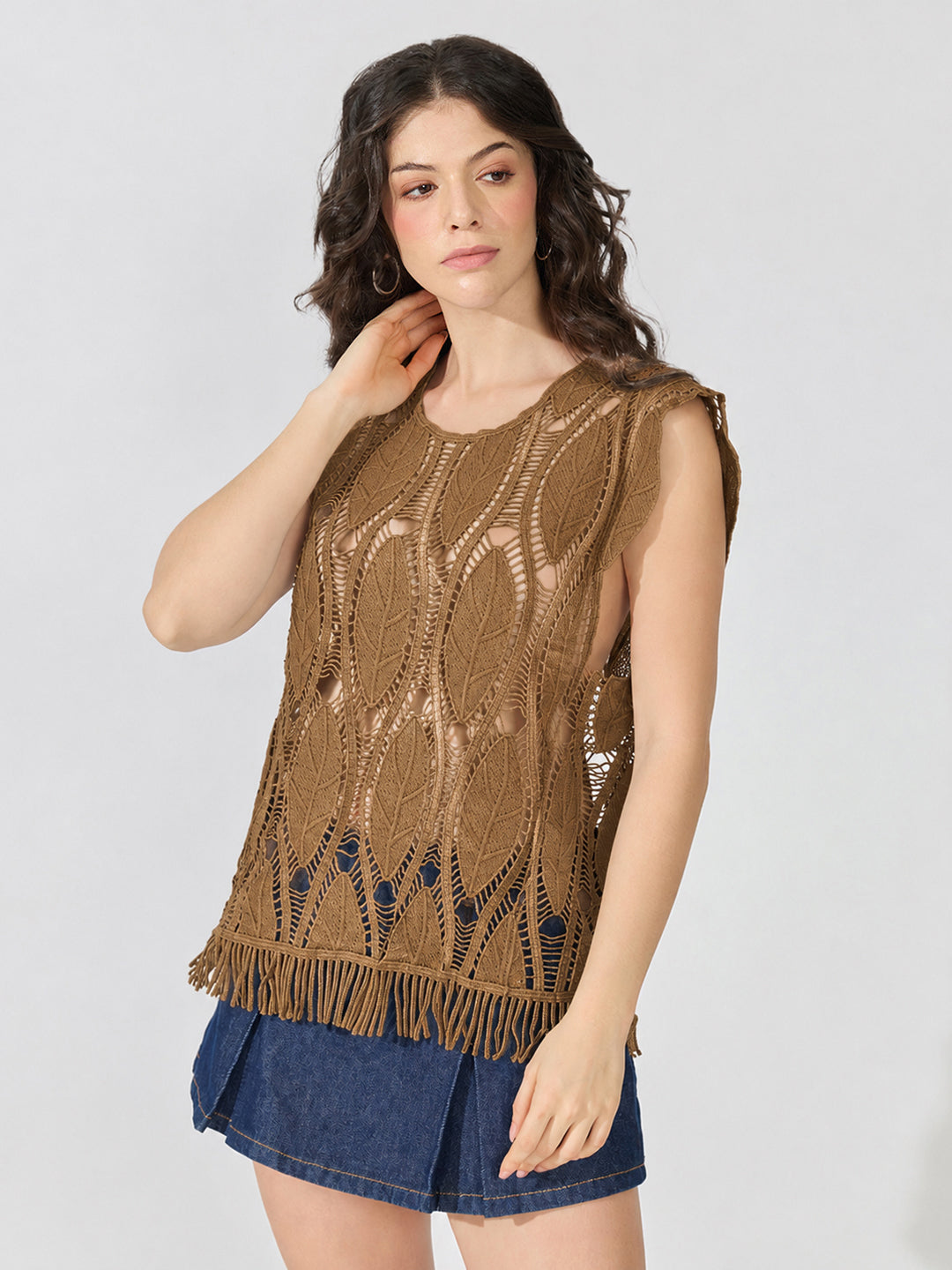 Women's Brown Crochet Fringe Hem Cut-Out Top