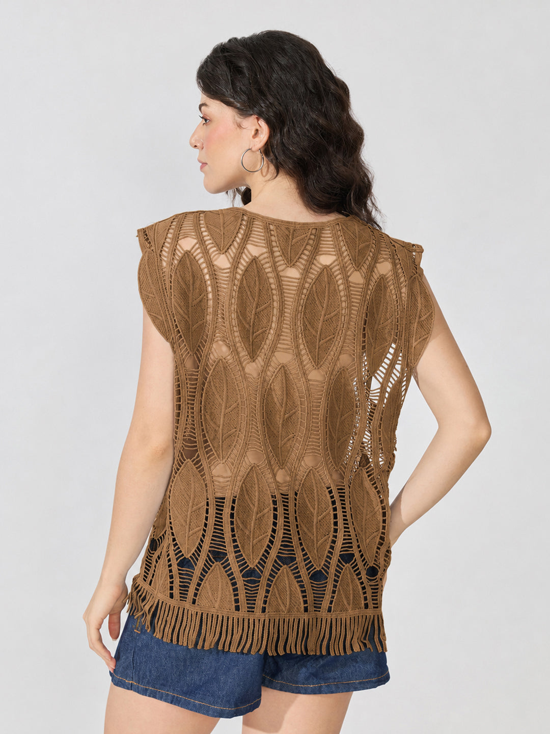 Women's Brown Crochet Fringe Hem Cut-Out Top