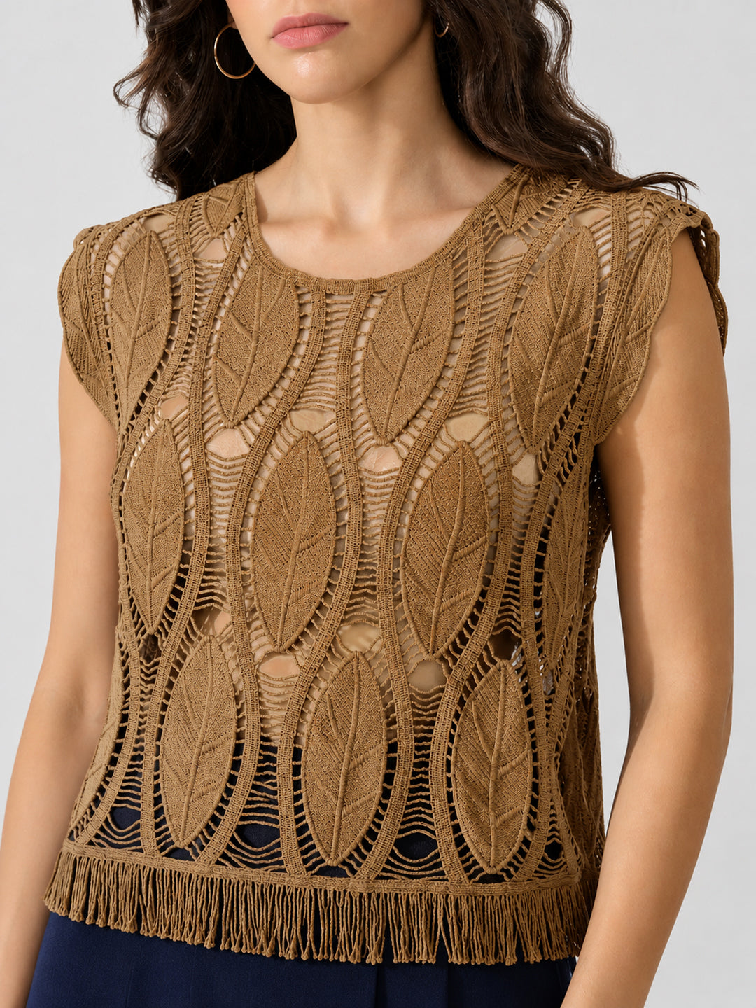 Women's Brown Crochet Fringe Hem Cut-Out Top