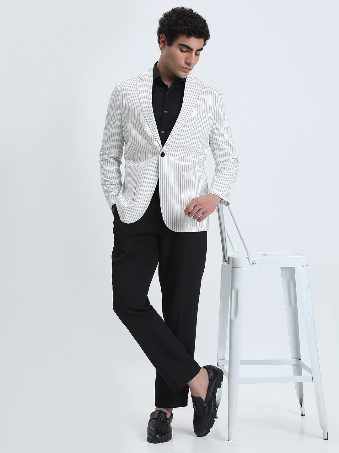 Men's Striped White Single-Breasted Slim Fit Blazer
