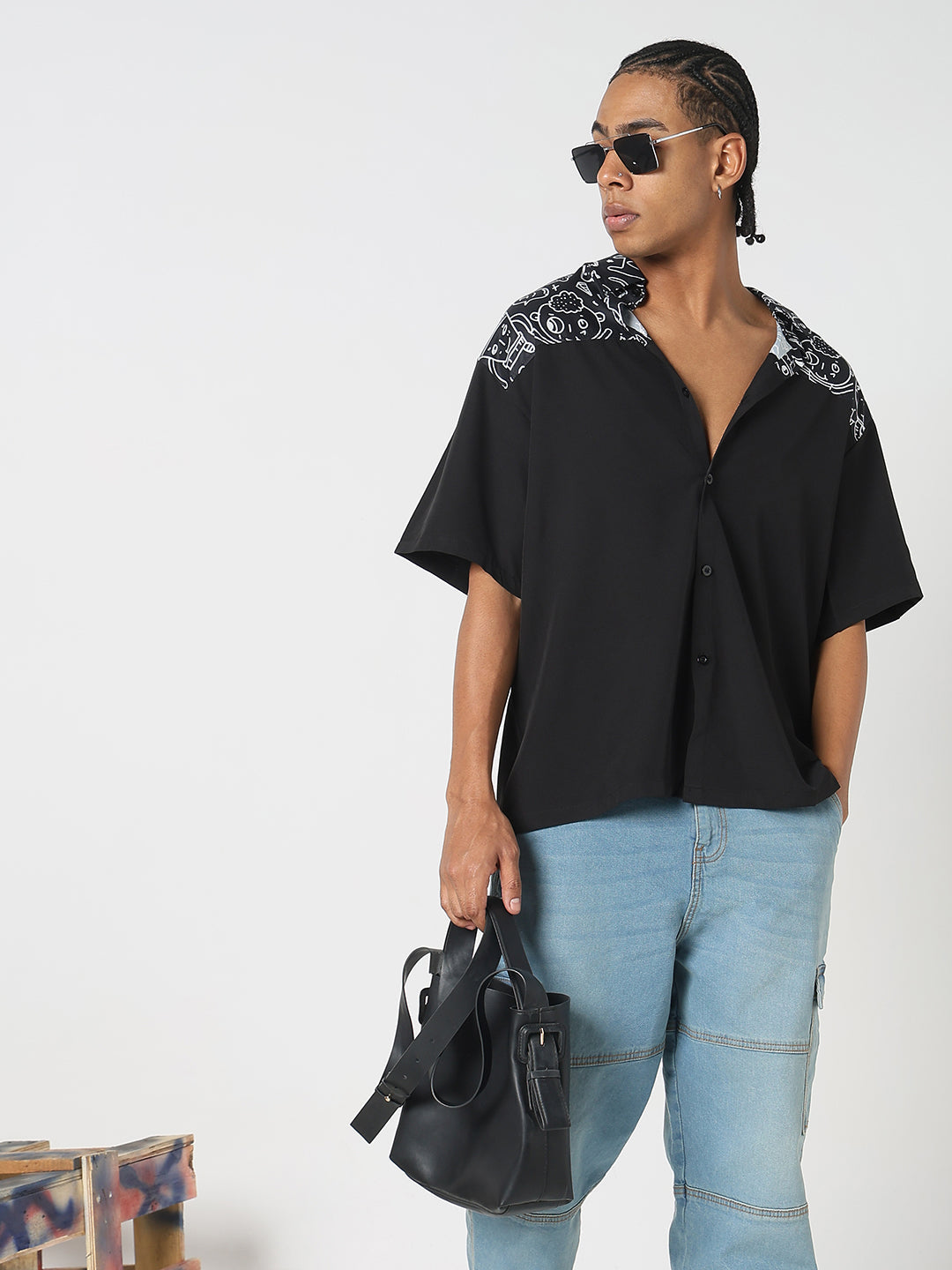 Men Black Graphic Oversized Shirt