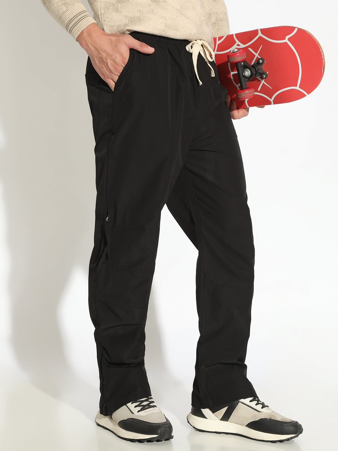 Men's Black Straight Fit Low Rise Trousers with Zipper Details